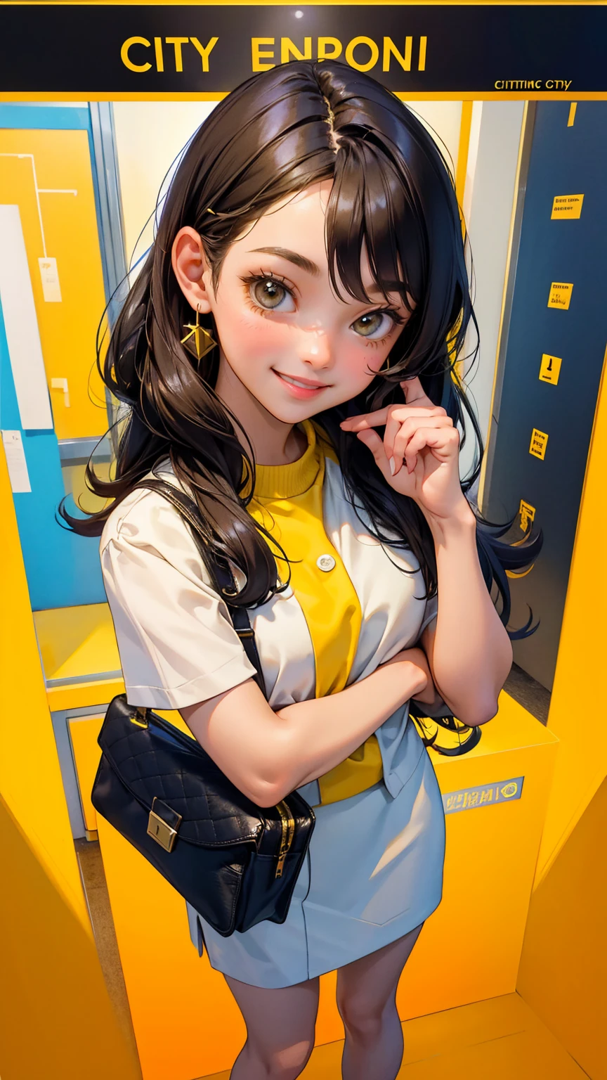 a cute girl with smile with open happy face, in City hall, standing at reception desk, receptionist hold her card with her image, city hall text on wall, yellow color city hall background,