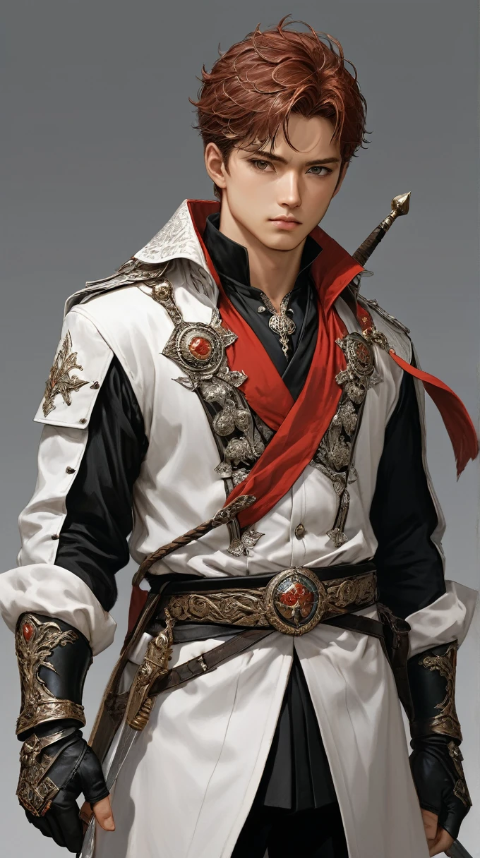 The male character has short, dark red hair styled in a slightly messy yet deliberate manner. His eyes are a striking amber, exuding a sense of confidence and determination. He has a stern and focused expression. He wears a black, high-collared coat with silver buttons and intricate detailing, reminiscent of a military or ceremonial uniform. The coat flows down dramatically, with a vibrant red inner lining that adds a bold contrast to his appearance. Attached to the coat is a hood that frames his face, adding an element of mystery and stealth.

Underneath the coat, he sports a fitted, black, buttoned shirt paired with black pants and a belt adorned with a chain, completing his sleek and polished look. He has fingerless gloves on his hands, adding a touch of ruggedness. Around his neck, he wears a silver necklace that complements his overall attire. The character wields a golden spear with a beautifully detailed shaft adorned with intricate carvings of ancient symbols, hinting at its mystical origins and the character's formidable prowess in battle.

In addition to the spear, he carries another sword, the size of a dagger. This secondary weapon is broken, with its blade jagged and incomplete. Its sheath is adorned with a small piece of cloth, giving it a weathered and battle-worn appearance. His stance and expression reflect a formidable and confident demeanor, ready for any challenge.
