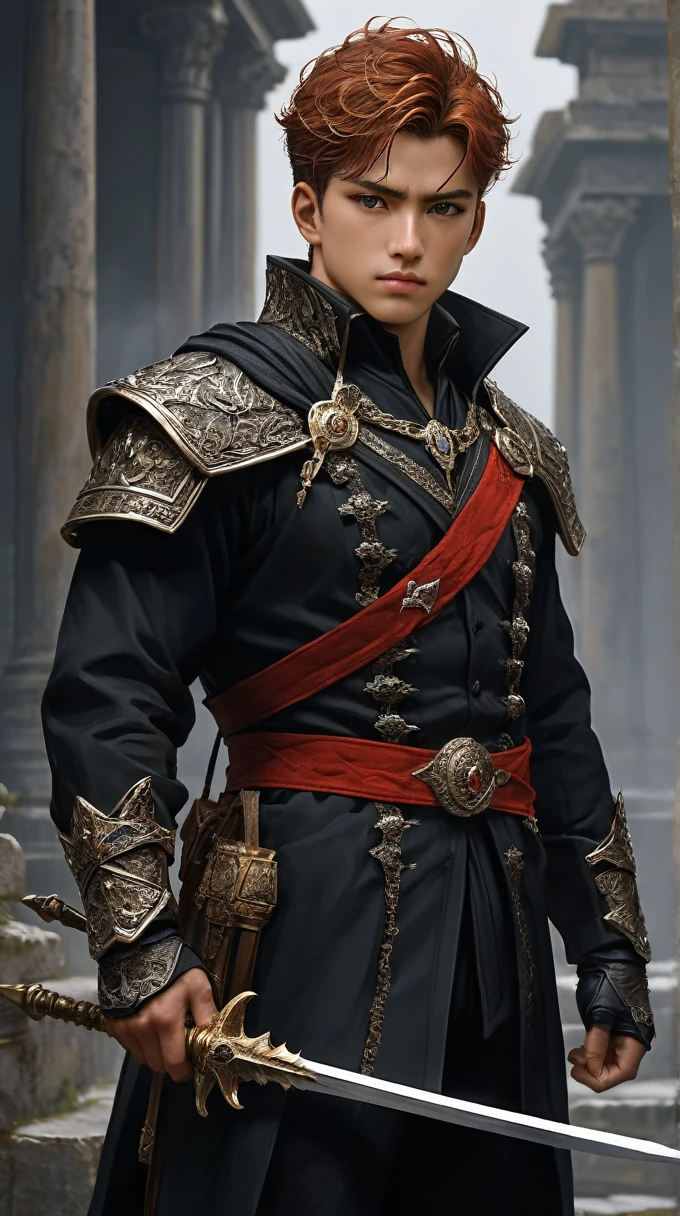 The male character has short, dark red hair styled in a slightly messy yet deliberate manner. His eyes are a striking amber, exuding a sense of confidence and determination. He has a stern and focused expression. He wears a black, high-collared coat with silver buttons and intricate detailing, reminiscent of a military or ceremonial uniform. The coat flows down dramatically, with a vibrant red inner lining that adds a bold contrast to his appearance. Attached to the coat is a hood that frames his face, adding an element of mystery and stealth.
Underneath the coat, he sports a fitted, black, buttoned shirt paired with black pants and a belt adorned with a chain, completing his sleek and polished look. He has fingerless gloves on his hands, adding a touch of ruggedness. Around his neck, he wears a silver necklace that complements his overall attire. The character wields a golden spear with a beautifully detailed shaft adorned with intricate carvings of ancient symbols, hinting at its mystical origins and the character's formidable prowess in battle.
In addition to the spear, he carries another sword, the size of a dagger. This secondary weapon is broken, with its blade jagged and incomplete. Its sheath is adorned with a small piece of cloth, giving it a weathered and battle-worn appearance. His stance and expression reflect a formidable and confident demeanor, ready for any challenge.