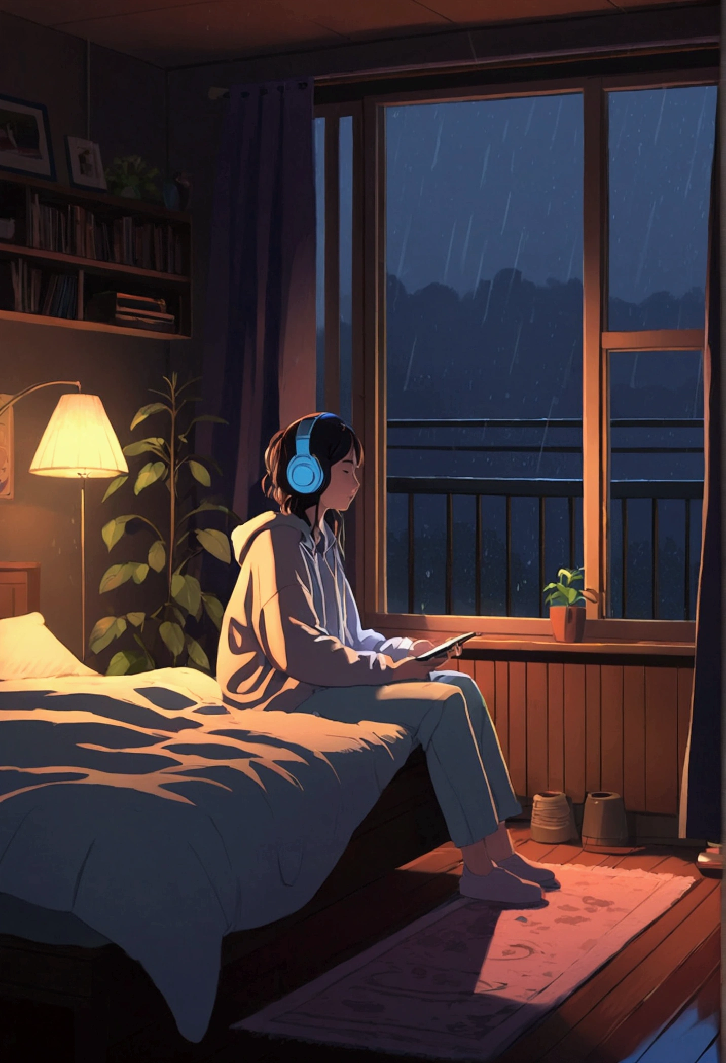 Rainy Night、Girl sitting and listening to music in a cozy room, Using headphones, 2D-style animation, Lo-Fi, bed, Dark Environment、LOFI