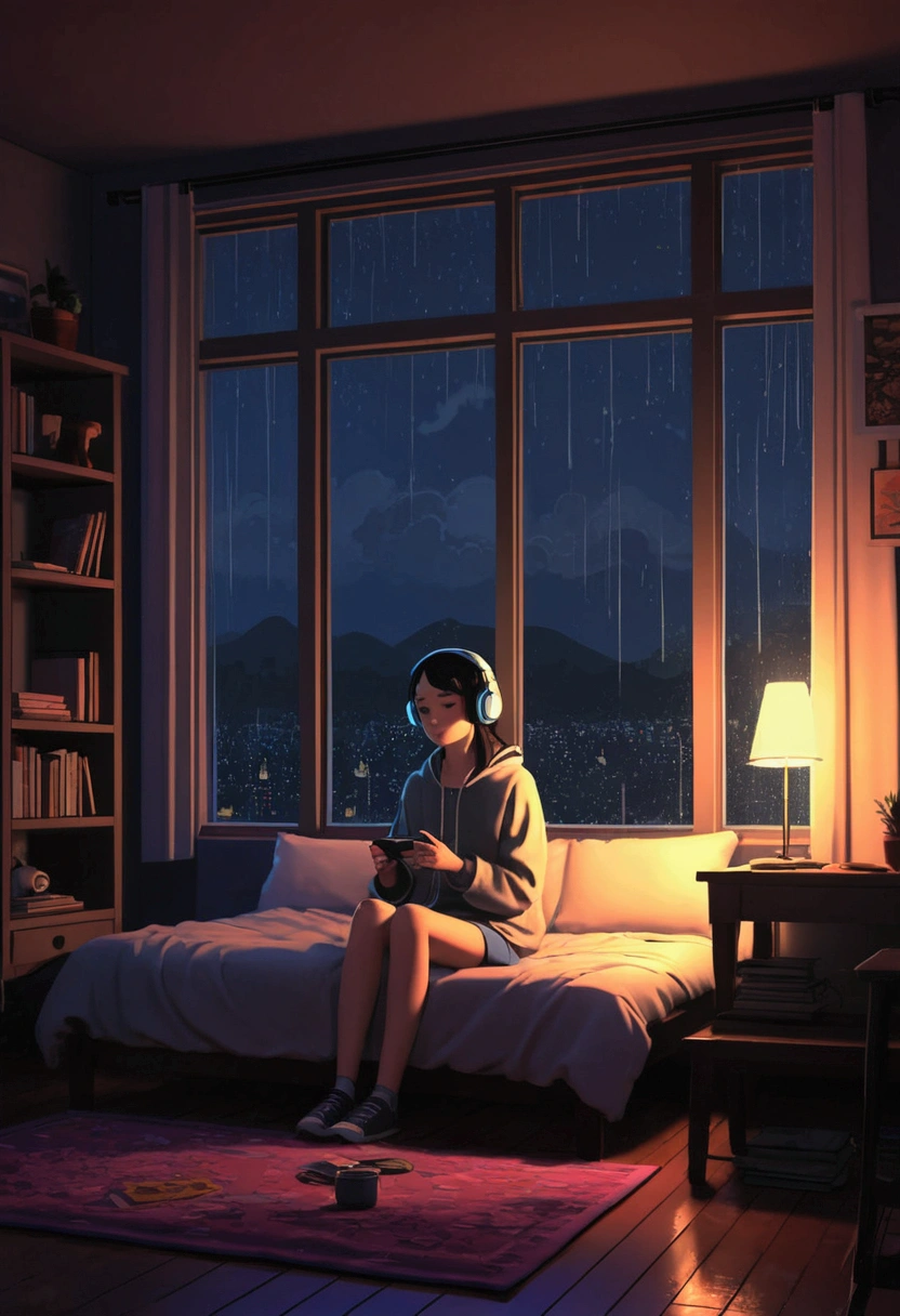 Rainy Night、Girl sitting and listening to music in a cozy room, Using headphones, 2D-style animation, Lo-Fi, bed, Dark Environment、LOFI