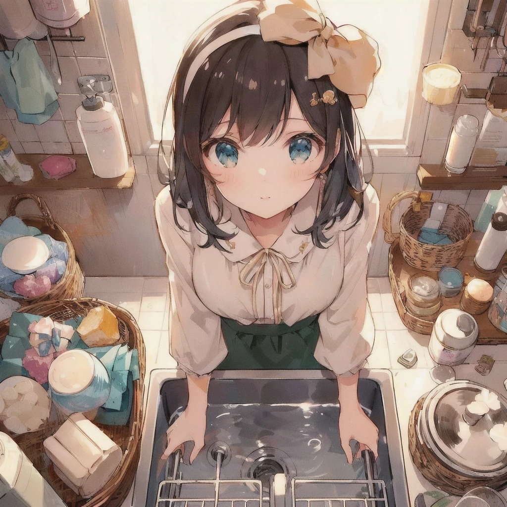 Anime girl in the kitchen with a sink and lots of dishes, Cute Anime Girl, Beautiful and detailed anime art, Cute girl anime visuals, Cute realistic portrait, Beautiful anime art, 80s anime style,Beautiful Anime Girls, Anime Style 4k, , cooking, Clean and detailed anime style, Young Anime Girl, Anime Moe Art Style, LOFI Girl, Detailed digital anime art