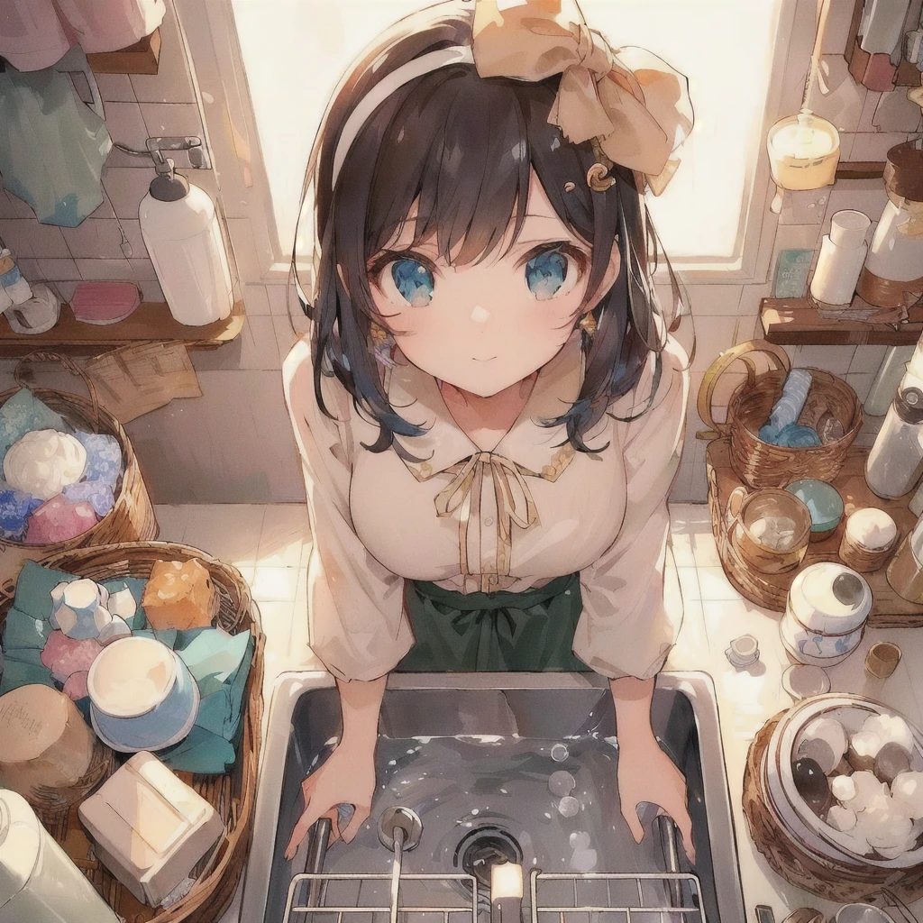 Anime girl in the kitchen with a sink and lots of dishes, Cute Anime Girl, Beautiful and detailed anime art, Cute girl anime visuals, Cute realistic portrait, Beautiful anime art, 80s anime style,Beautiful Anime Girls, Anime Style 4k, , cooking, Clean and detailed anime style, Young Anime Girl, Anime Moe Art Style, LOFI Girl, Detailed digital anime art