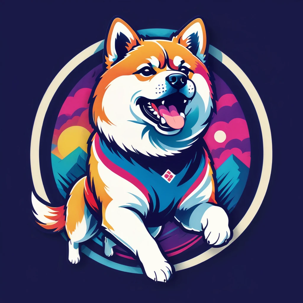 American Akita – a beauty with plush fur and a characteristic dark mask. The breed combines courage, friendliness,  funky, retro, multicoloured,  vintage logo, American Akita dog,athletic sports logo,energetic dynamic pose vintage logo, American Akita dog,athletic logo,energetic dynamic pose, American Akita – a beauty with plush fur and a characteristic dark mask.