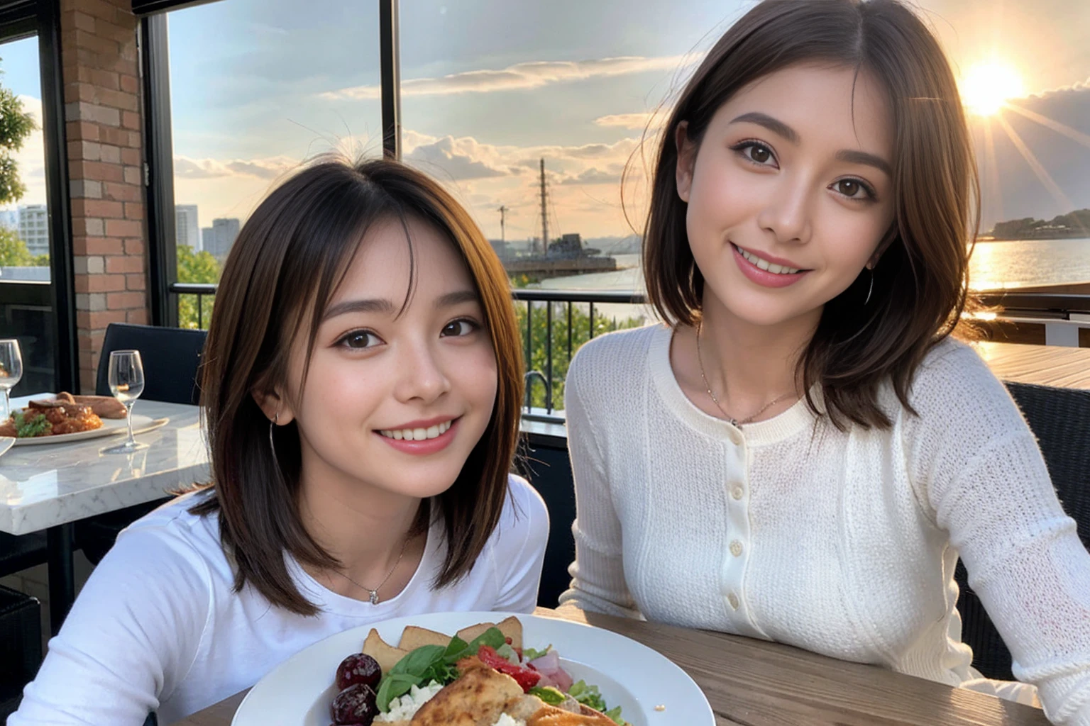 (Realistic:1.1),(masterpiece,Highest quality),8k,(44 years old), 47 years old, slimカップル、Model Couple、actress/actor、Tight waist,Upper Body,full-course dinner、wine 、Amazing view of the sunset sky and clouds、Perfect Anatomy, Brown Hair, short hair,Random Hairstyles,((Highly detailed face and eyes:1.2))(cute顔:1.4),美しいactressの顔,Perfect golden ratio face,Long sleeve shirt、dress,(smile:1.2)、Shortcuts、cute、(Realistic, Intricate details:1.2), A bright smile、short hair,Bright Face、赤wine 、Appetizers、Italian food、wine bottle、Champagne、スパークリングwine、(slimな顔), (The body is slim), (Brown Hair), (Shortcuts), Upper Body, 白wine, slim, wineグラス,