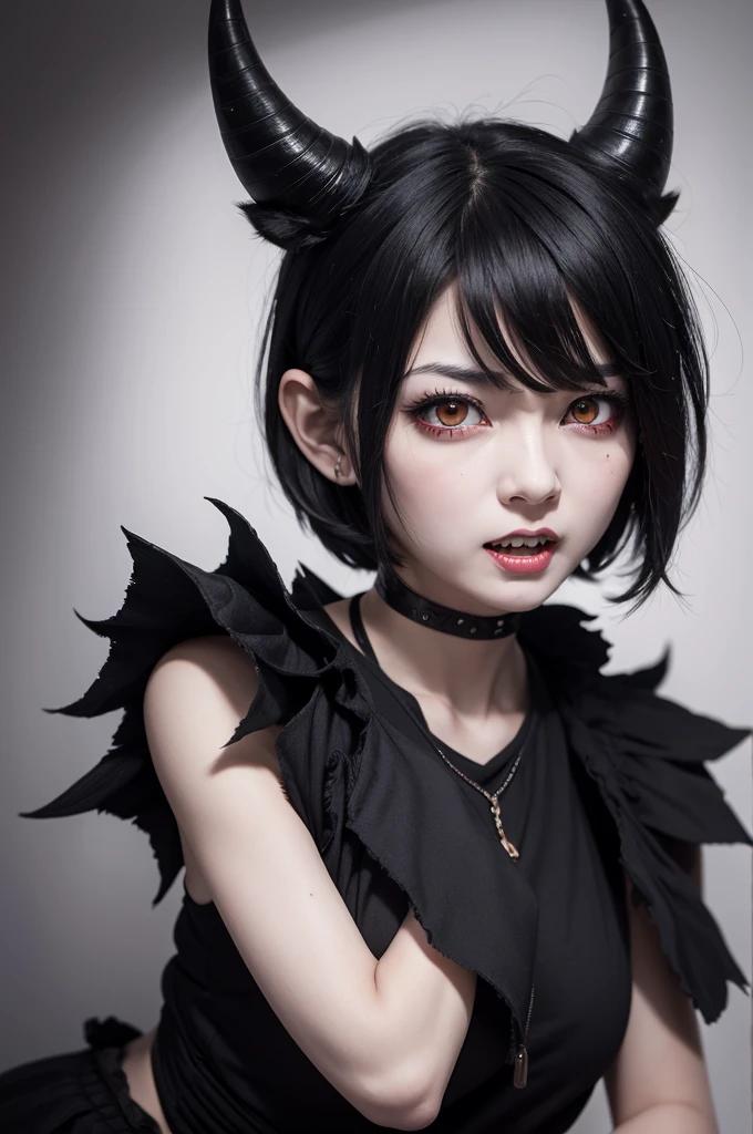 adult woman, messy black short hair, Eyes red, black horns, goat ears, Anime angry face with sharp teeth