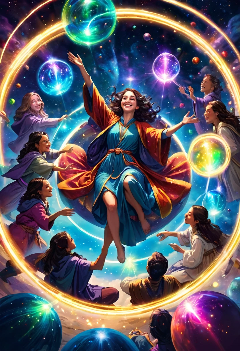 in the galaxy, Wizards with magic sticks are forming a circle. There is a woman lying in the middle of the circle. The magicians surround the woman with light and heal her. The wizards are wearing robes and smiling. Fantastic, colored spheres of light are floating in the air.