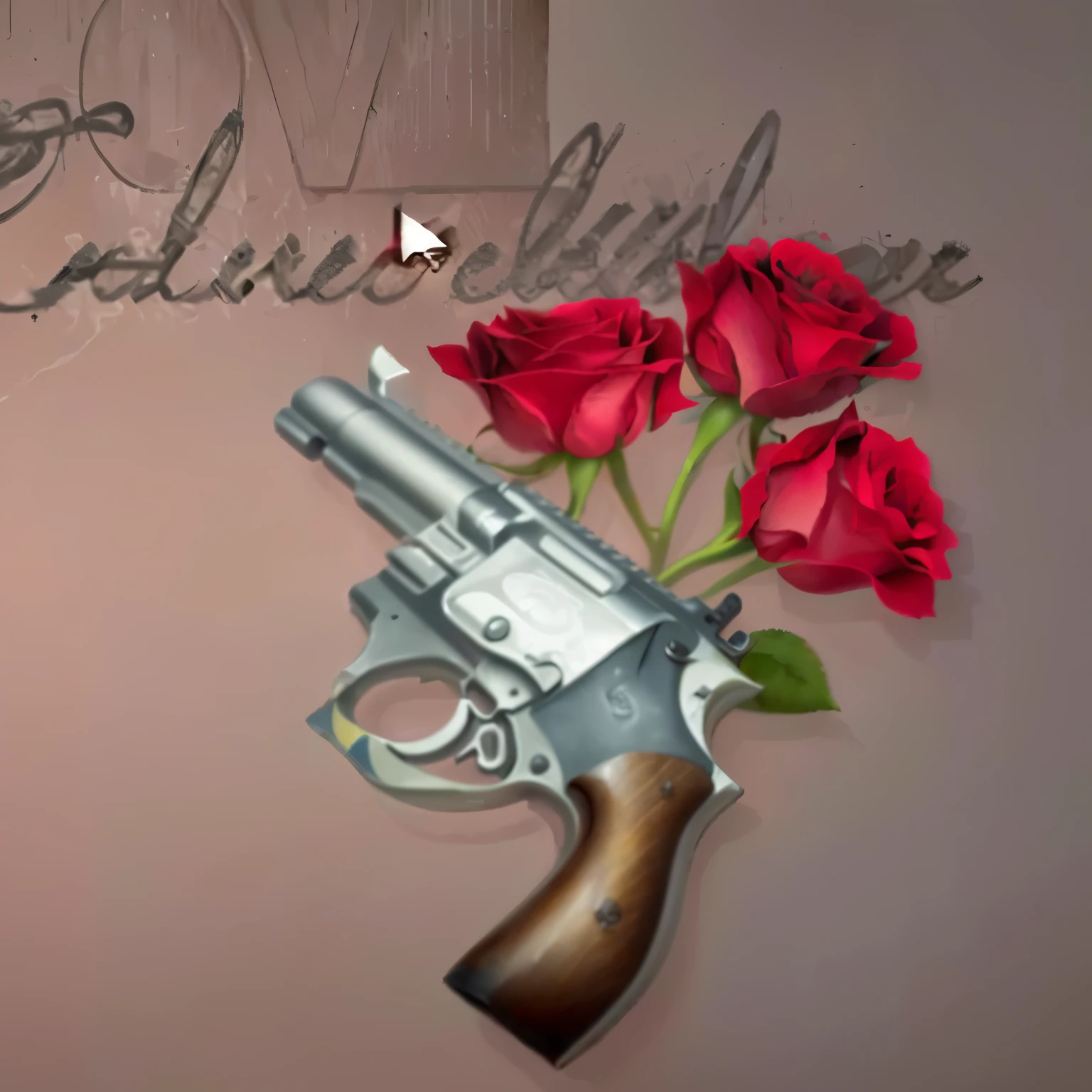 There is a gun with roses in it and a love message, loverslab, Close-up of weapons and roses, beautiful surreal pistol, Albumcover, Conceptual art of love, Armed and dangerous, Cover art, Additional Details, realistic weapon design, !!!!!!!!!!!!!!!!!!!!!!!!!, Weapon Art Reference, unreal perhaps, inspired by Carlos Enríquez Gómez, unreal details