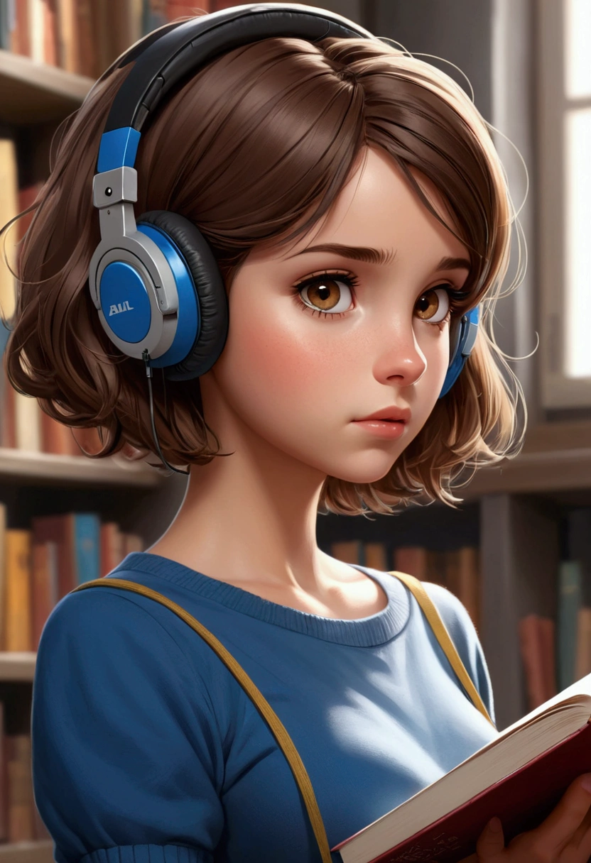 Girl, They aredaofra verof olivo, bust, Brown hair, short hair, mechón of pelo teñido of azul, headphones_hanging_of_They are_neck, libros They arejetados por They are brazo, grey eyes, drawing style, curious but shy look