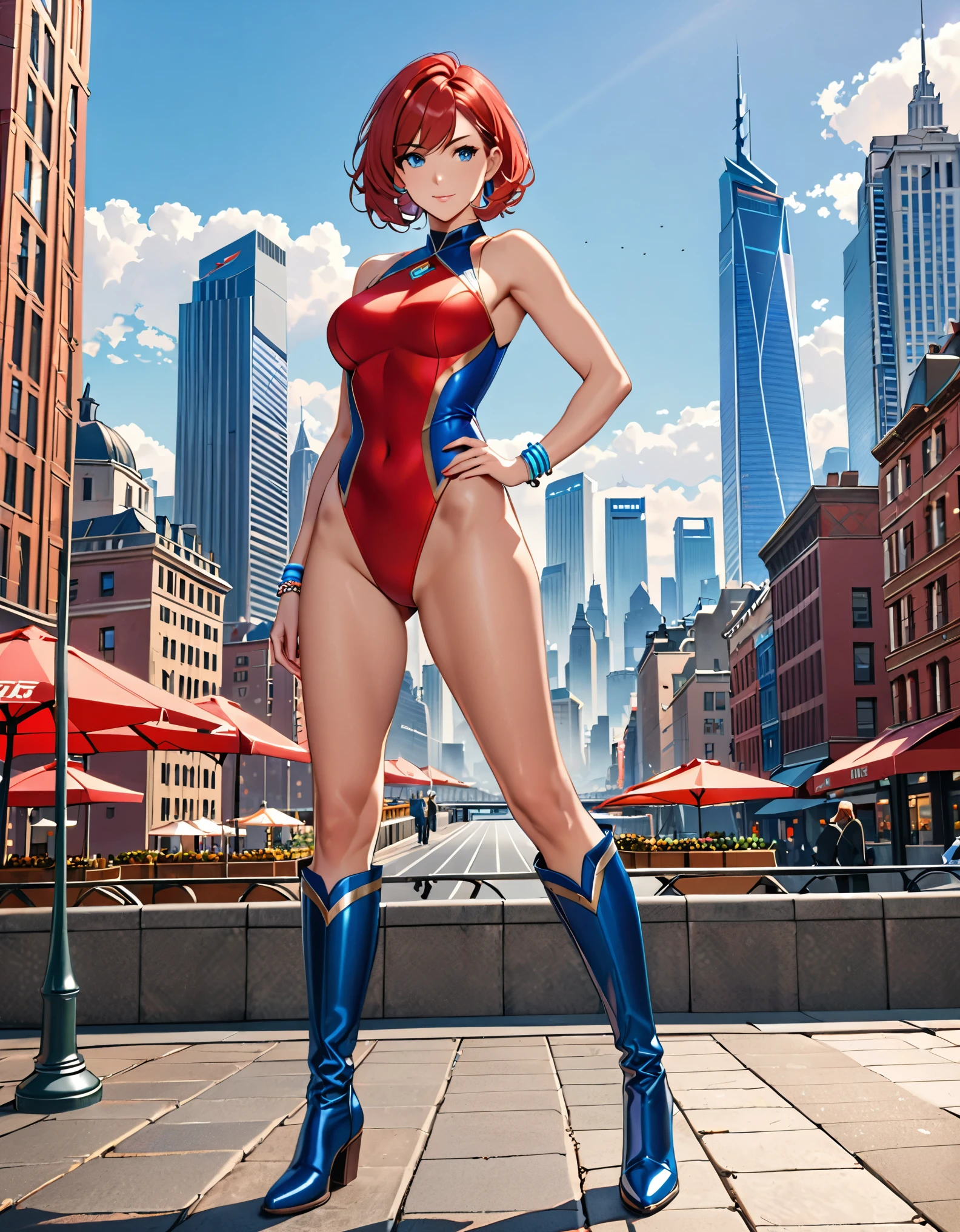 (masterpiece), best quality, highres, 1girl, medium breasts, leotard, red leotard with blue accents, bare legs, boots, matching boots, bracelets, city backdrop, solo, single, standing, full body shot, cowboy shot, beautiful detailed eyes, blue eyes, mature lady, red hair, short hair, bob hair