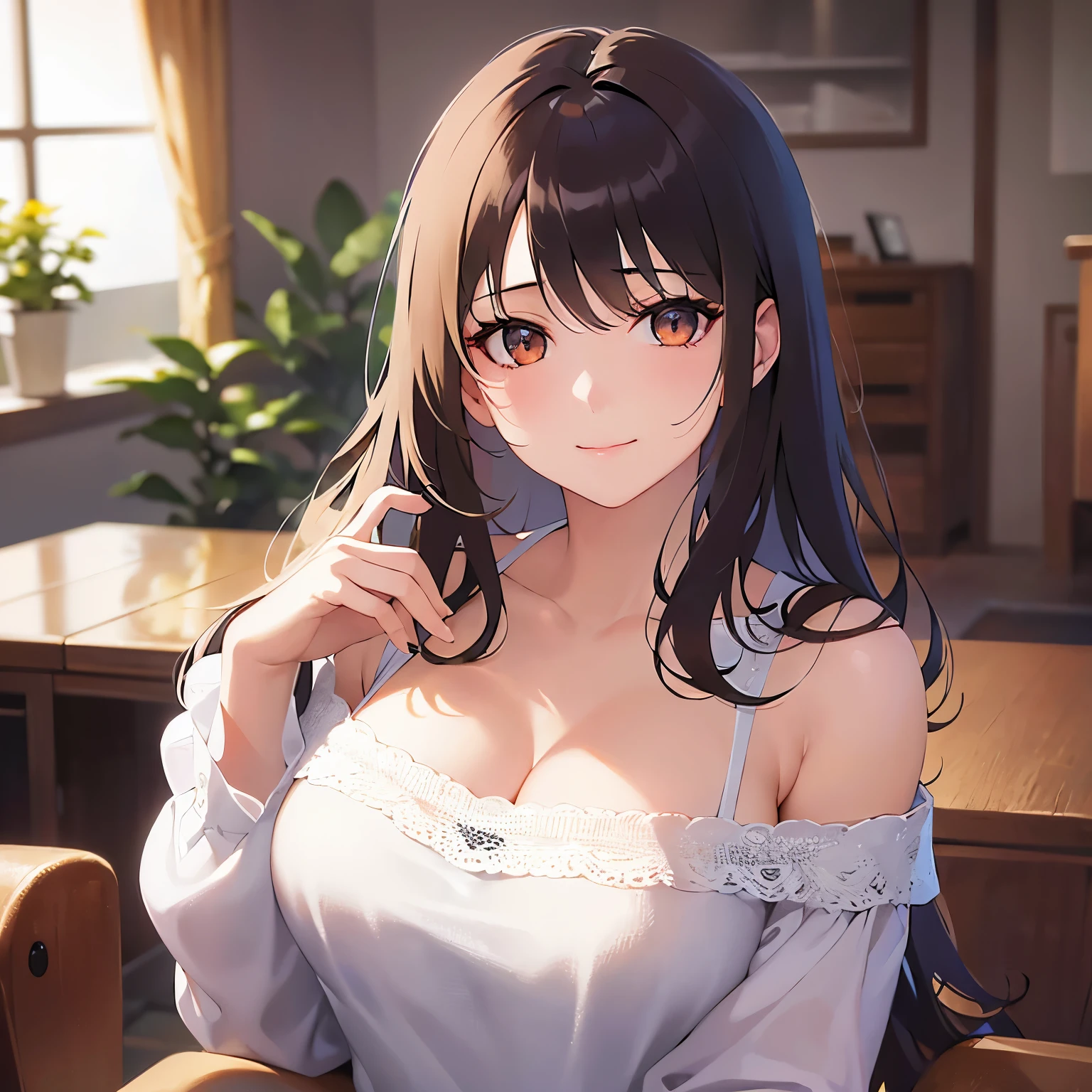 Detailed CG,Ultra-fine illustrations,masterpiece,Highest quality,BREAK(white:1.5)and(Off-the-shoulder blouse)BREAK,Realistic,Real person,RAW Photos,Realistic(青whiteい肌:1.2),Glowing Skin,Shiny Hair,(A 27-year-old woman with medium-length hair and bangs)and(Wavy Hair)and(Brown Hair)and(Orange eyes),(Sad smile),Placing hand on chest,(Biologically correct５Finger),The background is the living room,alone