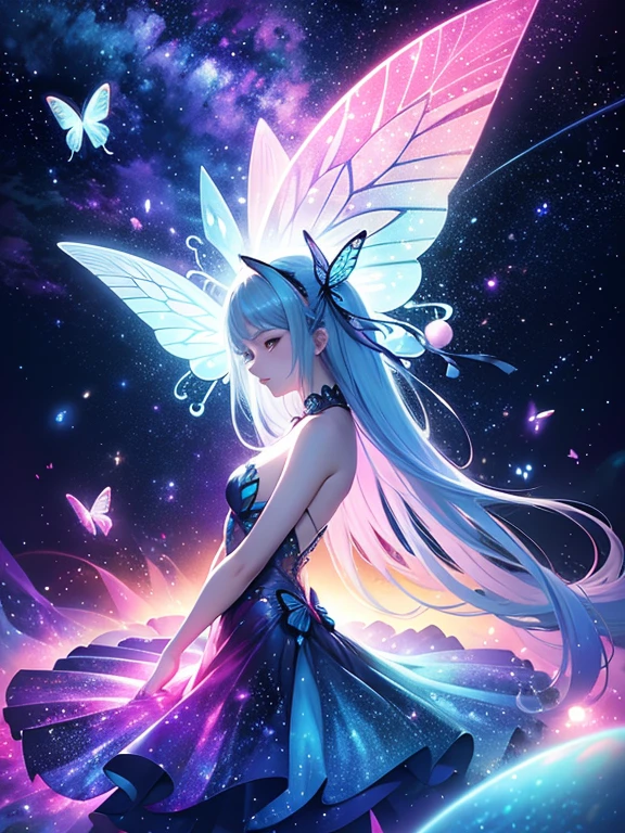 masterpiece, best quality,high resolution, 1 female, aldult, long hair. look_exist_audience, High, perfect stexisture, long time, Bangs, chromexistic dispersion, transparent_plastic, Polychromexistic prism effect, iris/Opalescence, glowing color, aluminum foil, glowing atmosphere,, moonlight, There are stars in the eyes, butterfly style, iris, Liuli, Polychromexistic prism effect, Rainbow core, iris/Opalescence, glowing atmosphere, Very beautiful dress