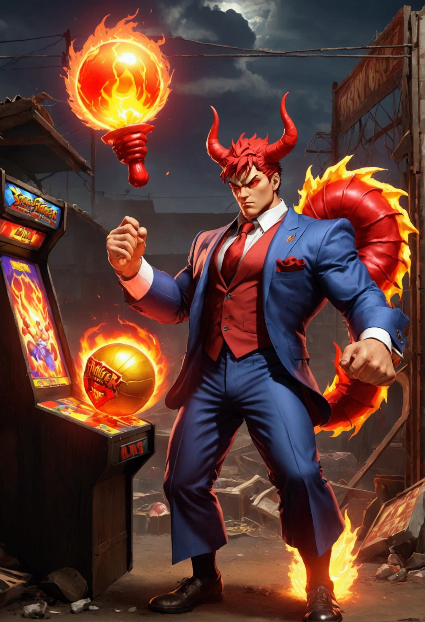 (Street Fighter 2 style arcade game) Devil lawyer (red horns and tail, lawyer suit, lean build) holding a ball of fire in hand battling a zombie lightning mage, set in a junk yard, health bars and titles