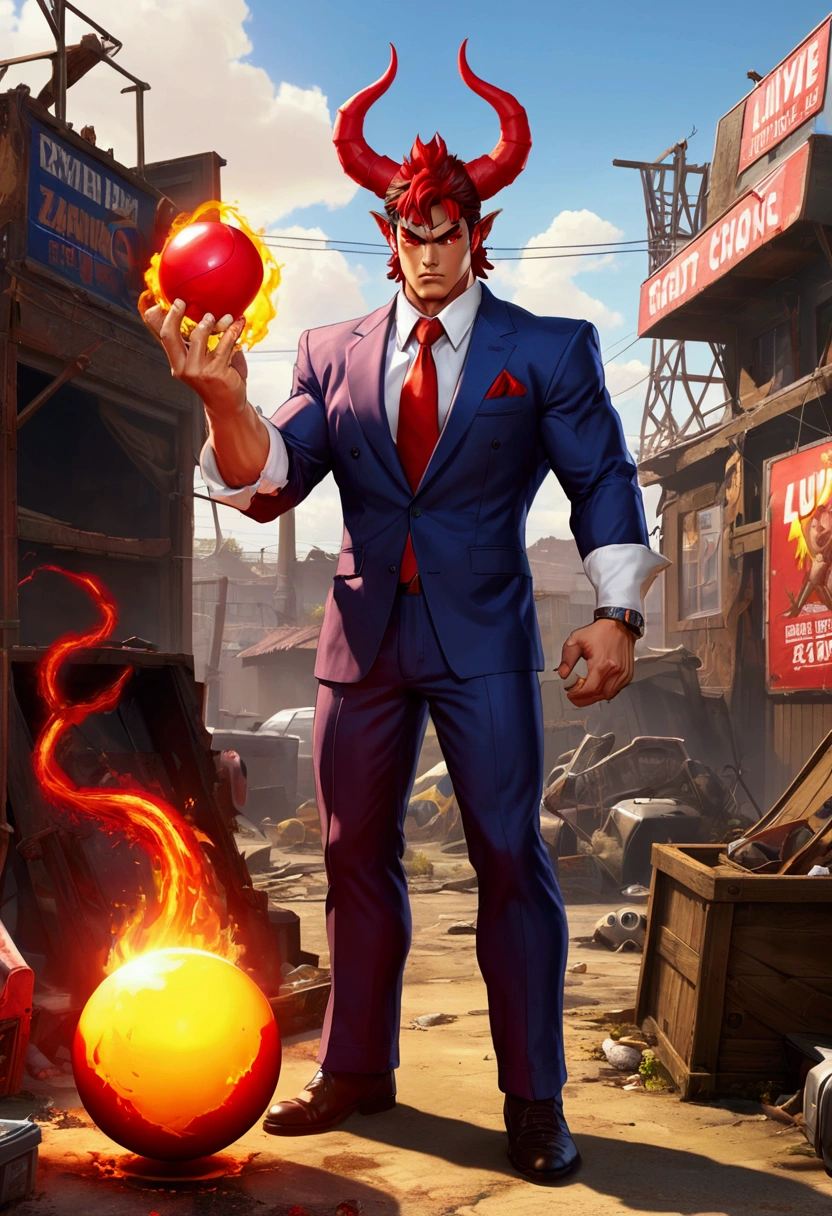 (Street Fighter 2 style arcade game) Devil lawyer (red horns and tail, lawyer suit, lean build) holding a ball of fire in hand battling a zombie lightning mage, set in a junk yard, health bars and titles