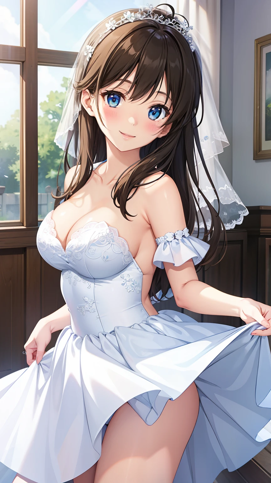 (masterpiece, best quality, absurdres, game CG, illustration, highly detailed), 1girl, solo, (mayu kuroe), standing, looking at viewer, blush, light smile, wedding dress, off the shoulder, skirt parted front, (lace panties:0.8)