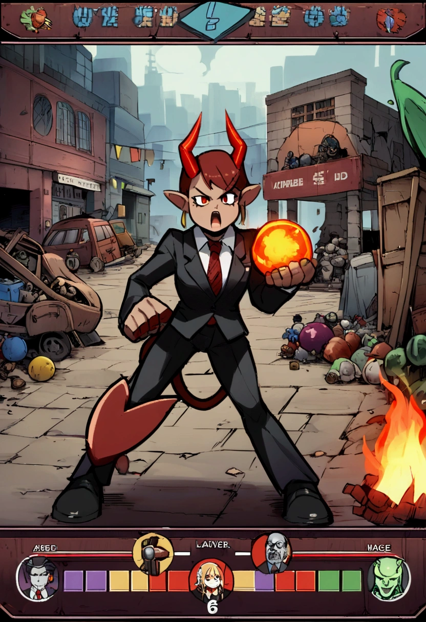 (Street Fighter 2 style arcade game) Devil lawyer (red horns and tail, lawyer suit, lean build) holding a ball of fire in hand battling a zombie lightning mage, set in a junk yard, health bars and titles