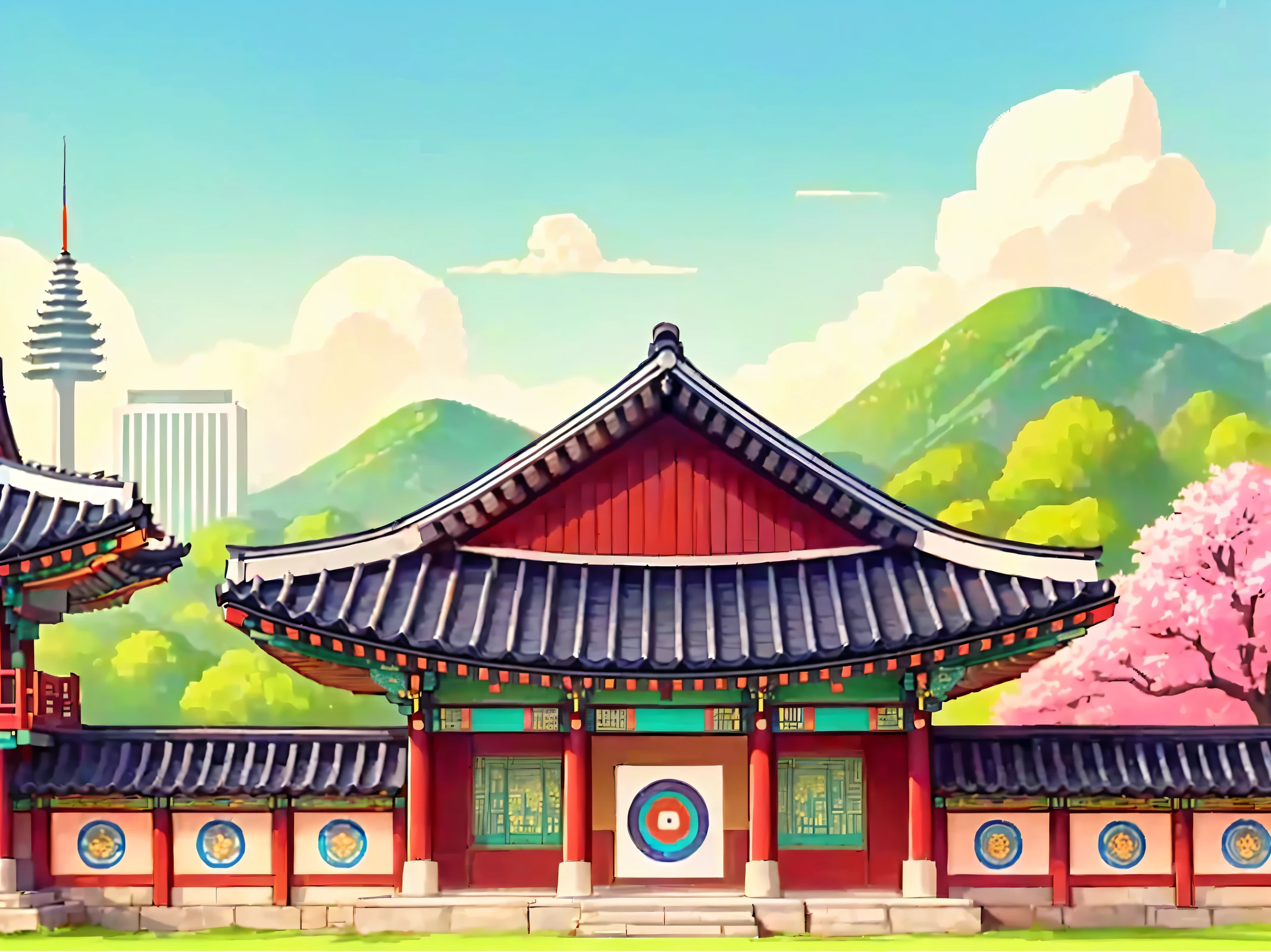 Illustration of traditional Chinese architecture with bow and arrow, Traditional South Korea city, Palace Background, South Korea traditional palace, Temple Background, Depicting the background of the temple, Mobile game background, background technologywork, South Korea Artist, background technology, Seoul, Pagoda Figures, Dojo on the mountain, Town Background, Downtown Background, South Korea, South Korea multiplayer online games, Kingdom of Light Background，Super fine，Ultra Detail