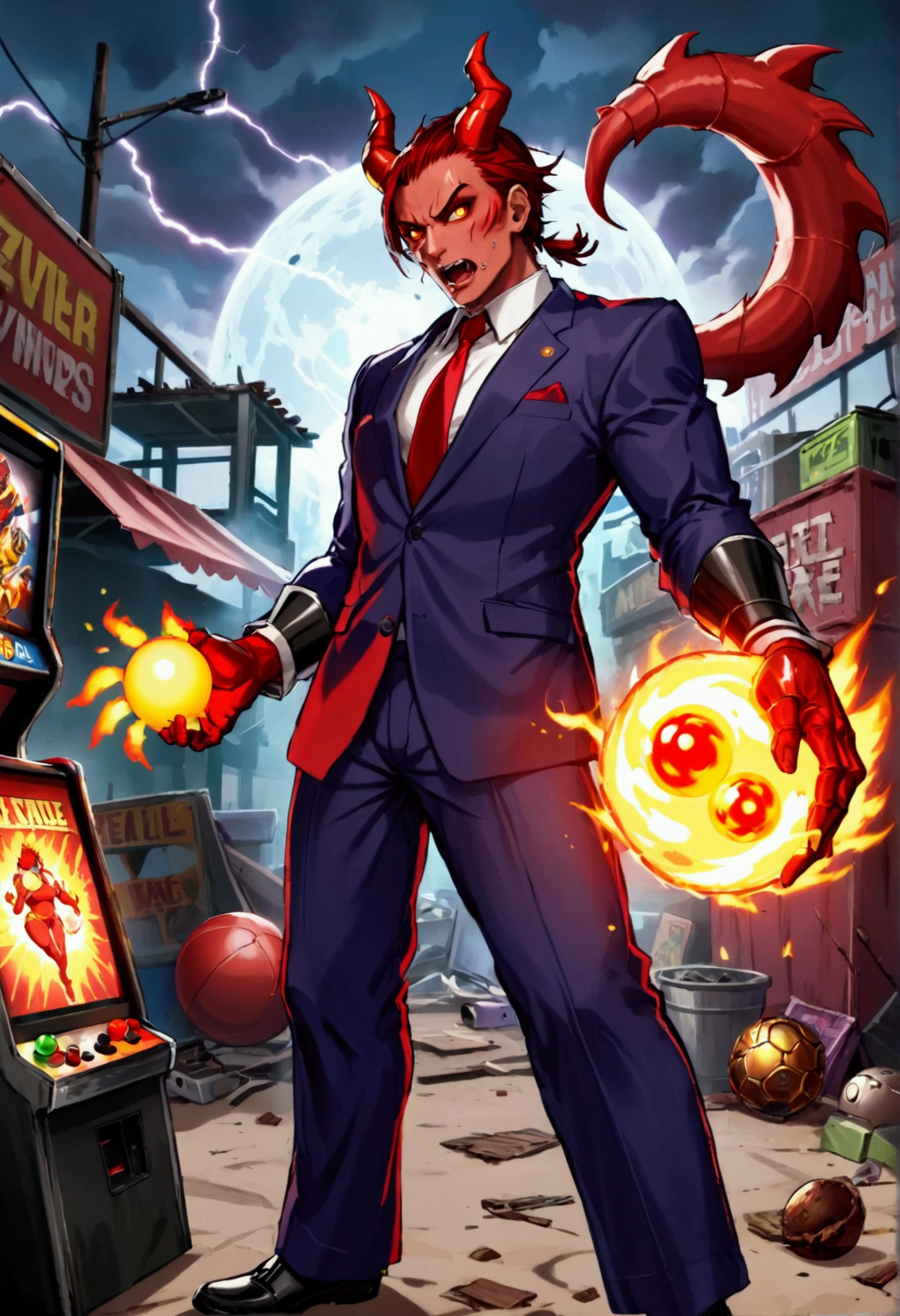 (Street Fighter 2 style arcade game) Devil lawyer (red horns and tail, lawyer suit, lean build) holding a ball of fire in hand battling a zombie lightning mage, set in a junk yard, health bars and titles