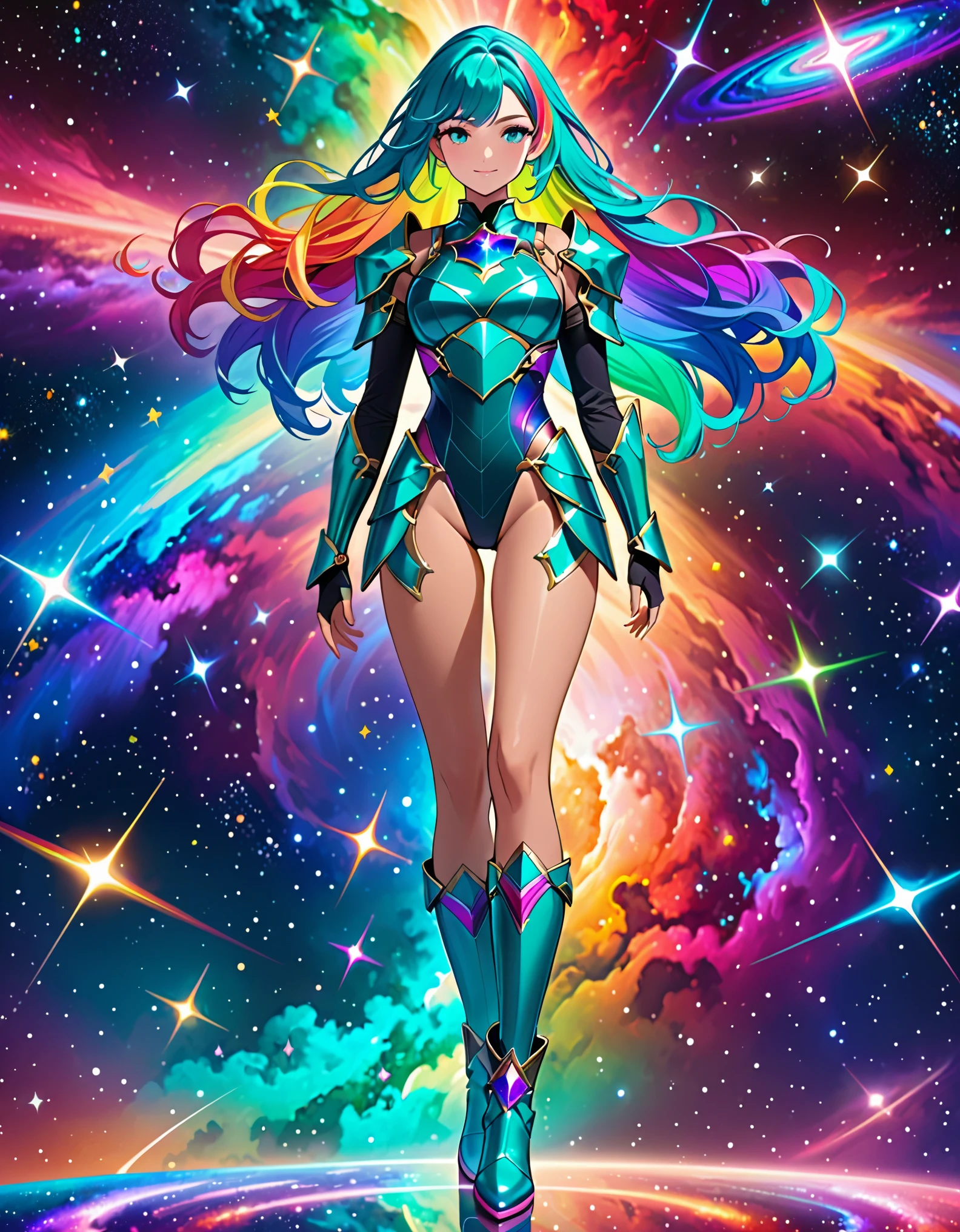 (masterpiece), best quality, highres, women with rainbow colored hair and detailed teal armor, leotard, bare legs, boots, standing, rainbow colored cosmic nebula background, stars, galaxies, intricate details, perfect face