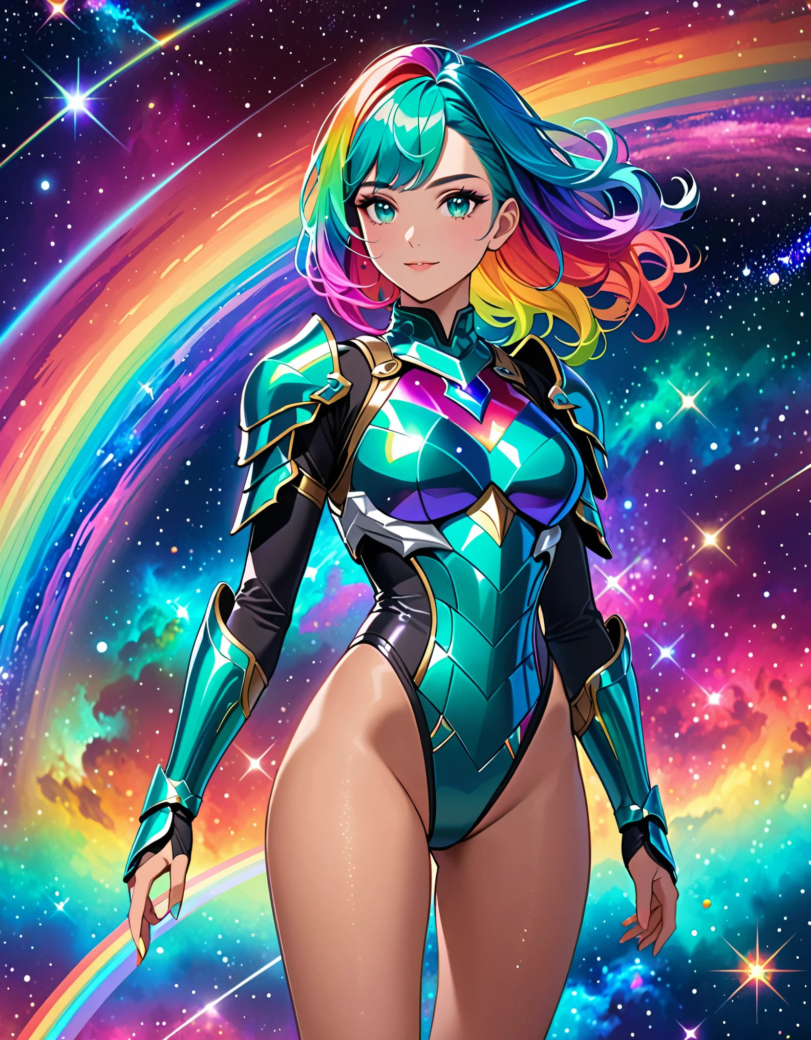 (masterpiece), best quality, highres, women with rainbow colored hair and detailed teal armor, leotard, bare legs, boots, standing, rainbow colored cosmic nebula background, stars, galaxies, intricate details, perfect face