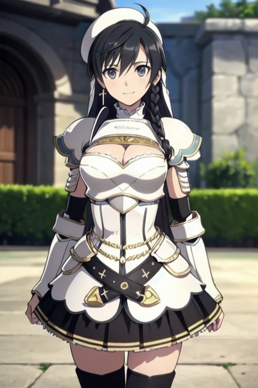 Sonia Blanche, cross earrings, hair ornament, veil, armored dress, pauldrons, breastplate, gauntlets, belt, skirt, greaves, (white beret), 1girl, solo, upper body, big breasts, facing viewer, looking at viewer, smile, hands on hips, (simple white background)