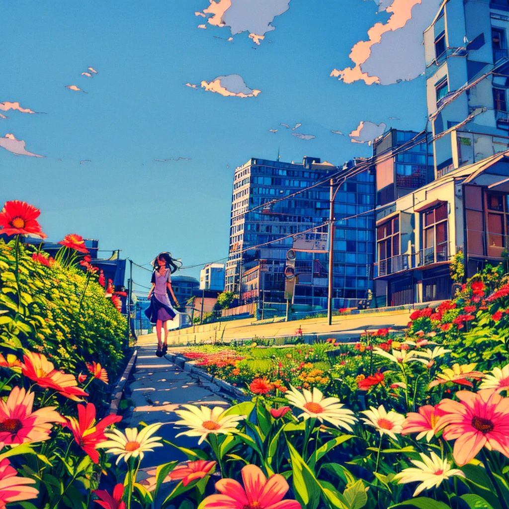 Summer sky, ice, woman walking down the street, flowers, sad, nostalgic