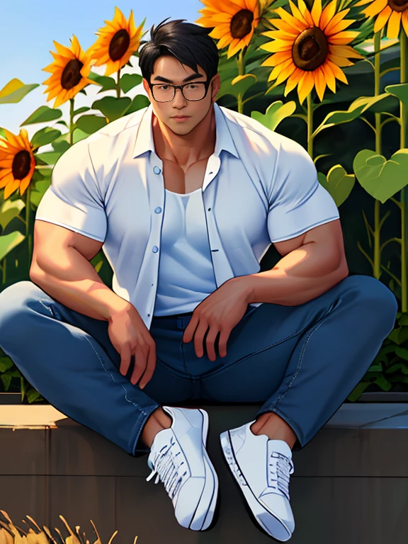 25 years old, round face, big eyes, Chinese male, black inch, huge muscles, exaggerated muscles, mature man, muscle swelling, bodybuilding, chest muscles, abs, lots of sunflowers, sitting position, wearing white shirt, open shirt, jeans, sneakers, natural light, wheat-colored skin, 1man, metal glasses