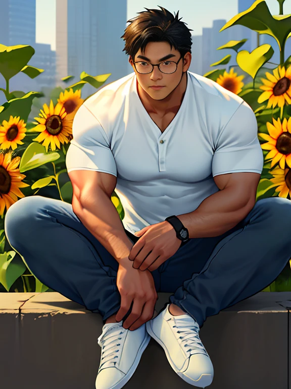 25 years old, round face, big eyes, Chinese male, black inch, huge muscles, exaggerated muscles, mature man, muscle swelling, bodybuilding, chest muscles, abs, lots of sunflowers, sitting position, wearing white shirt, open shirt, jeans, sneakers, natural light, wheat-colored skin, 1man, metal glasses