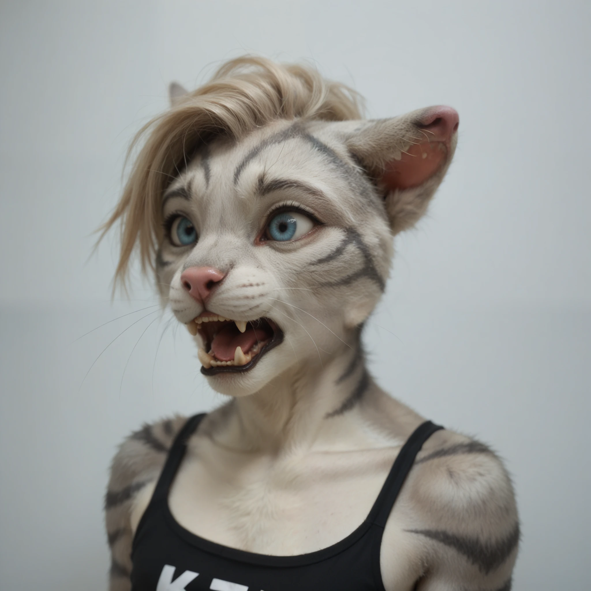 (zPDXL2), score_9, score_8_up, score_7_up, source_anime, 2d,
flat colors, no shading, Kat, Anthro furry feline, silver fur, grey stripes on body, blue eyes, long blonde hair, undercut hair, pink nose, :3, wearing black tank top, exaggerated expression, upper body shot, screaming, shocked, feline teeth, mouth open, (looking to her left):2, facing her left, cowboy shot, upper body shot, bored, simple white background, side view
, AissistXLv2, unaestheticXL_bp5, SimplePositiveXLv2, zPDXL2 PonyXLV6_Scores