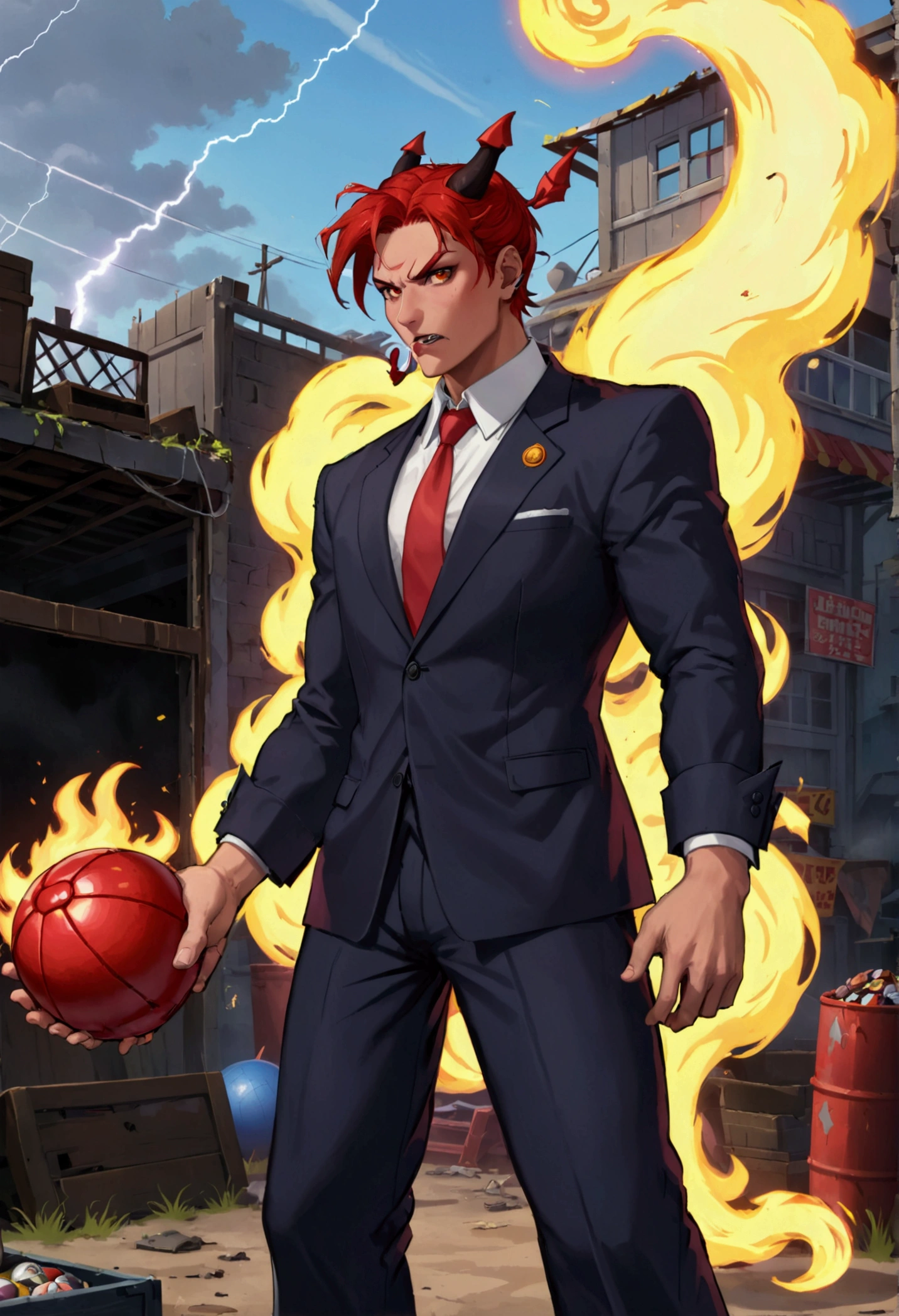 (Street Fighter 2 style arcade game) Devil lawyer (red horns and tail, lawyer suit, lean build) holding a ball of fire in hand battling a zombie lightning mage, set in a junk yard, health bars and titles
