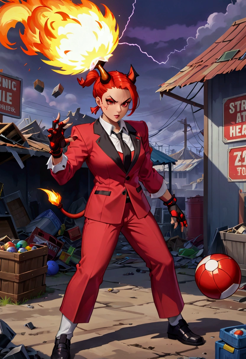 (Street Fighter 2 style arcade game) Devil lawyer (red horns and tail, lawyer suit, lean build) holding a ball of fire in hand battling a zombie lightning mage, set in a junk yard, health bars and titles
