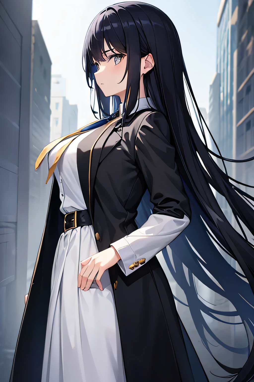 Woman(Youngh), long  hair, dark blue hair, gold eyes, White dress shirt underneath an open black overcoat, longskirt(black), Botas blacks.