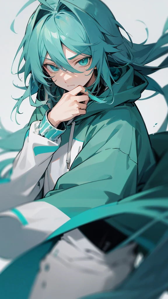 anime male long hair with hoodie clothes color gray and teal with emotional expression