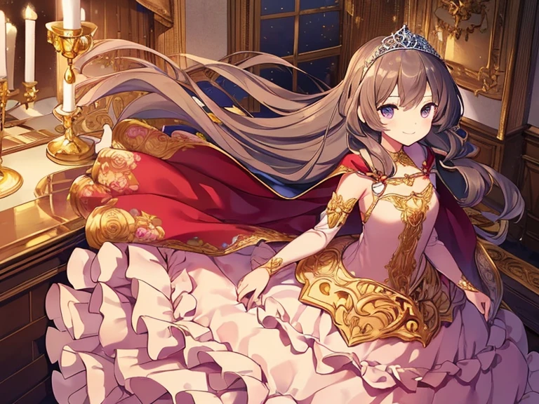 best quality,(long train cape:1.15),(long train ball gown with floral decoration:1.15), a girl is wearing a cape over her dress, anime style, rococo style, little princess, tiara, kind smile, very long hair, small breast, perfect fingers, masterpiece
