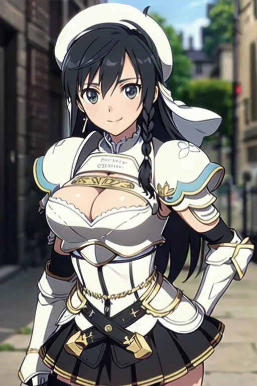 Sonia Blanche, cross earrings, hair ornament, veil, armored dress, pauldrons, breastplate, gauntlets, belt, skirt, greaves, (white beret), 1girl, solo, upper body, big breasts, facing viewer, looking at viewer, smile, hands on hips, (simple white background)