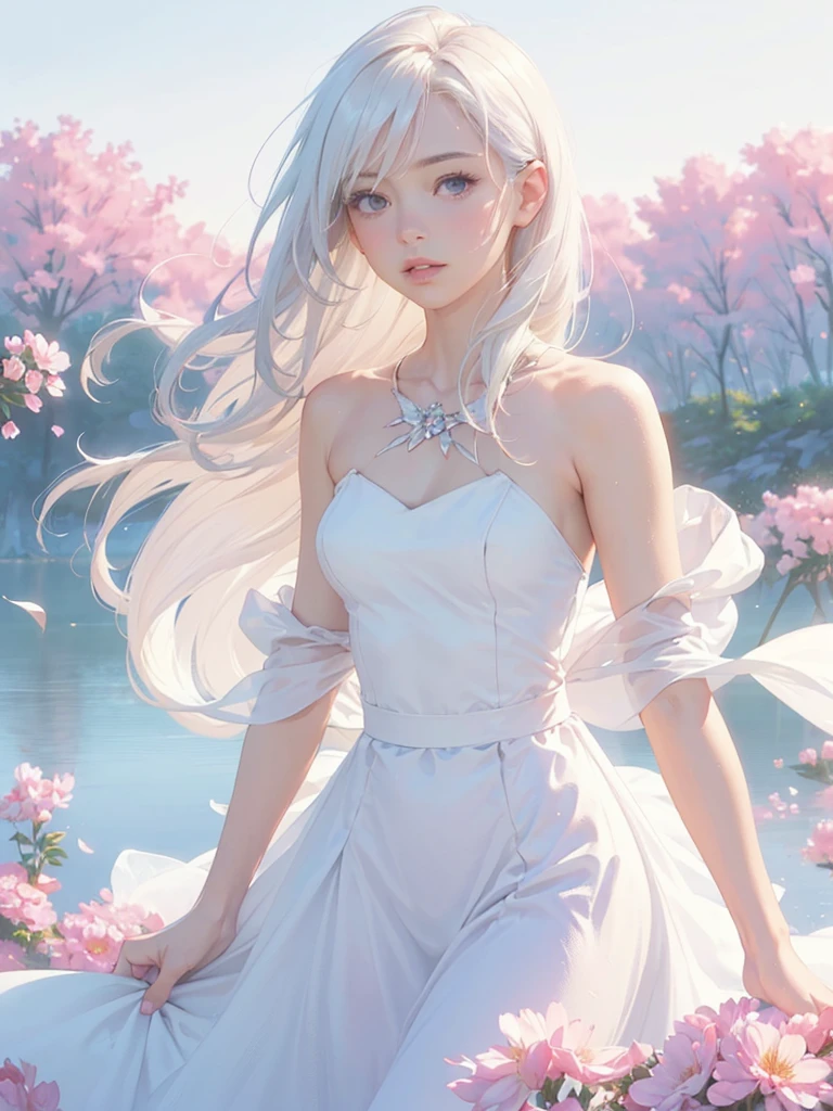 Dreamy pastel painting,　whole body，((One girl))，Realistic，lips，Tabletop，Highest quality，Realistic feel，(((Smooth straight hair　length, beautiful, Flowing white hair)))，beautiful細かい丸い目，A gentle gaze，Skin Texture，Delicate silk，(Princess Decoration，Baby Pink:1.2)，detailed，Long hem，Prism Rotation，(((Gazing into the distance))), Pink Coat，moving composition，Against a deep background，Flowers in the sky，it was foggy, Bokeh, it was foggy, Dutch Angle, Afterimage, Minimalism，Movie-like scene, Cinema Lighting，超beautifulポートレート, Abstract background，Otherworldly quality