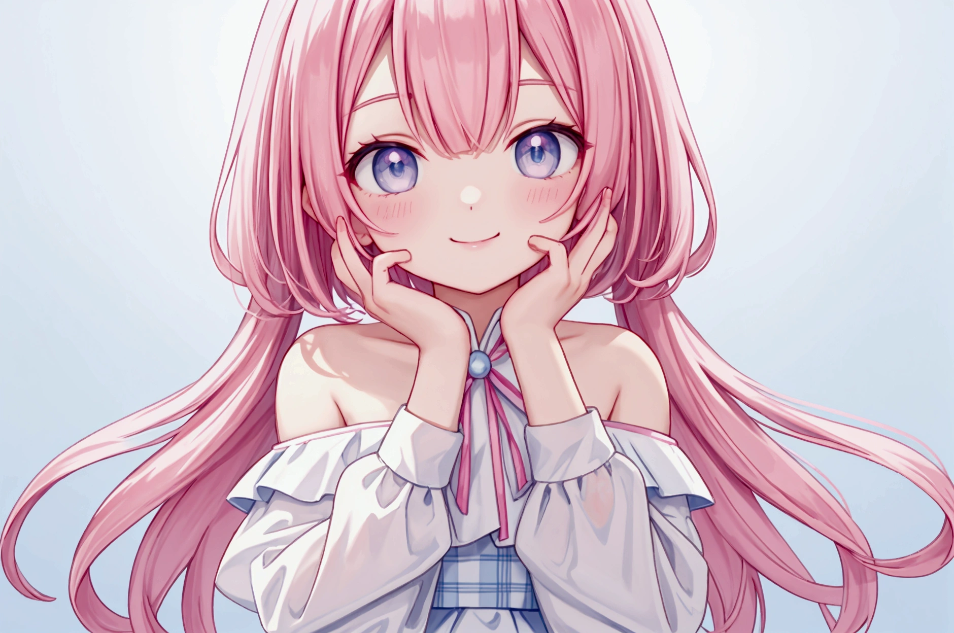 Highest quality,smile,woman,cute,Bob Hair,Pink Hair,Light blue eyes,White off-the-shoulder tops,Checkered mini skirt,Light blue background,Touching your face with your hands,