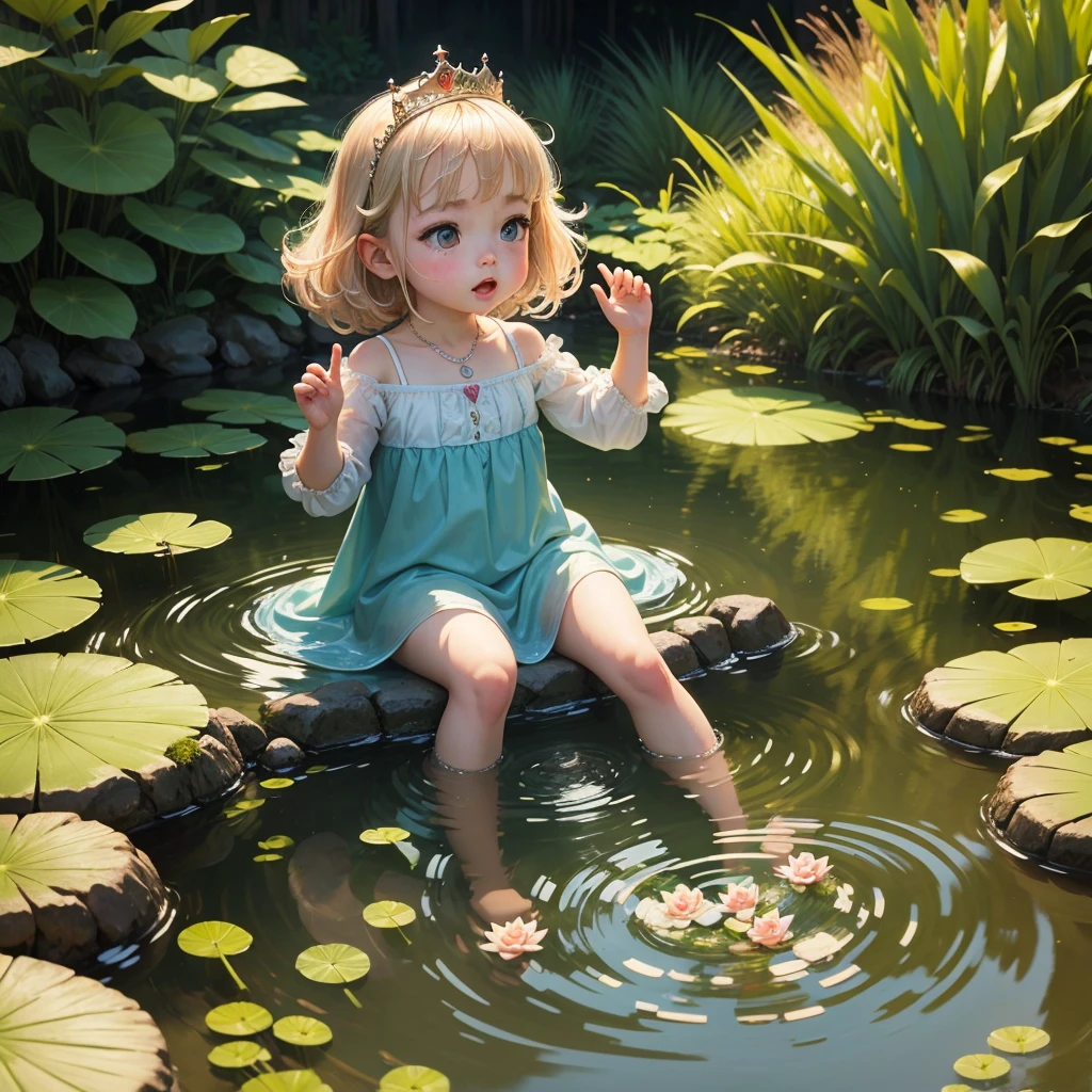 A cute princess playing in the pond water