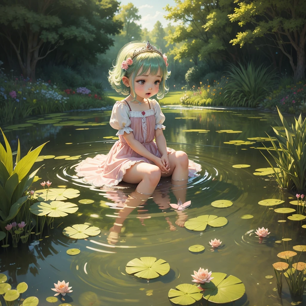 A cute princess playing in the pond water