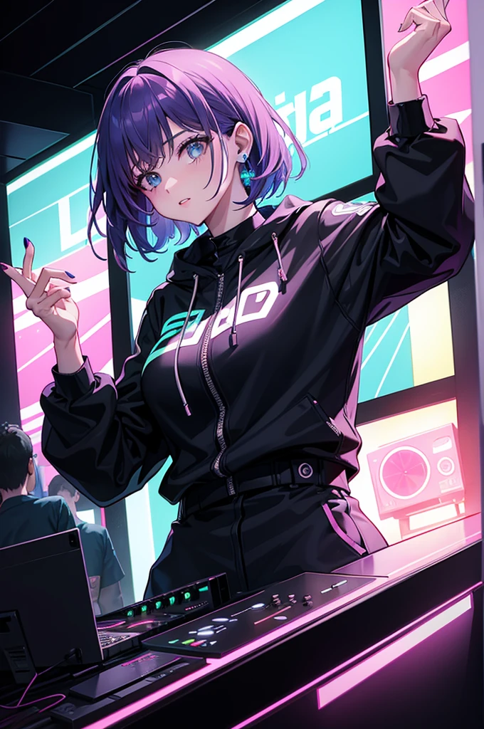 The woman playing dj in the club, neon light