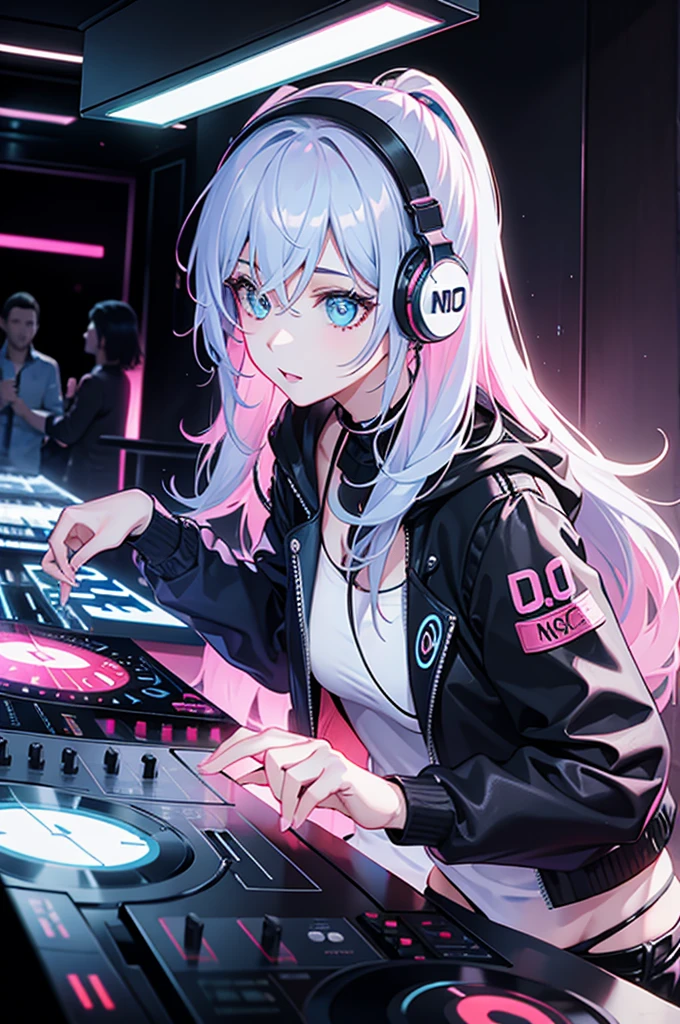 The woman playing dj in the club, neon light