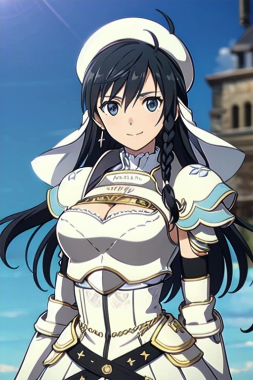 Sonia Blanche, cross earrings, hair ornament, veil, armored dress, pauldrons, breastplate, gauntlets, belt, skirt, greaves, (white beret), 1girl, solo, upper body, big breasts, facing viewer, looking at viewer, smile, hands on hips, (simple white background)