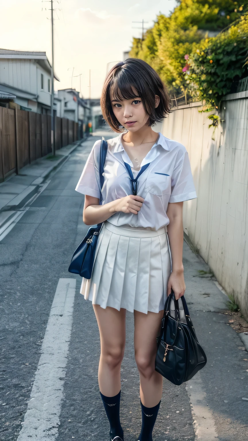 (Junior high school girls walking on the streets of Tokyo:1.2、blue sky)、((school uniform、White blouse、Pleated skirt、Navy blue socks、loafers)、(Shoulder bag、The strap of the bag passes between the chest、paisla:1.5)、the wind is strong、(Realistic、Like a photograph、Live Action、8k, Realistic, RAW Photos, Best image quality: 1.4), Single-lens reflex camera、RAW Photos, Highest quality, Realistic, Highly detailed CG Unity 8k wallpaper, Written boundary depth, Cinematic Light, Lens flare, Ray Tracing, Realistic background、((Ultra-Dense Skin))、 A 14-year-old girl on her way to school,cute Japanese、(whole body:1.5)、Very detailedな顔，avert your eyes:1.1、(short hair:1.2、Shortcuty hair is blowing in the wind:1.4)、I like that style、stylish、Very detailed、Pay attention to the details、Perfect outfit、(Sunburned skin)、View from above、Accurate hands、Accurate legs、Detailed hands and fingers、Anatomically correct body、Thin legs、Thin thighs、Small breasts