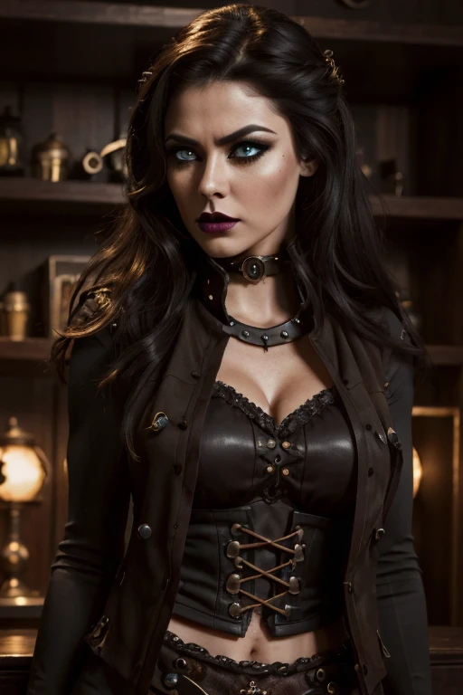 (best quality, highres, ultra-detailed, realistic:1.37), a dark-haired woman posing for a photo, angry female steampunk, dark blouse, dark vest, long tunic shirt, gothic exile, dark piercing eyes, extremely detailed eyes and face, detailed lips, long eyelashes, nasty gaze, aggressive look, Lilith, intense gothic steampunk atmosphere, Victorian leather jacket, heavy eye makeup, dark lipstick, confident posture, standing tall, vibrant colors with a dark undertone, film noir style.