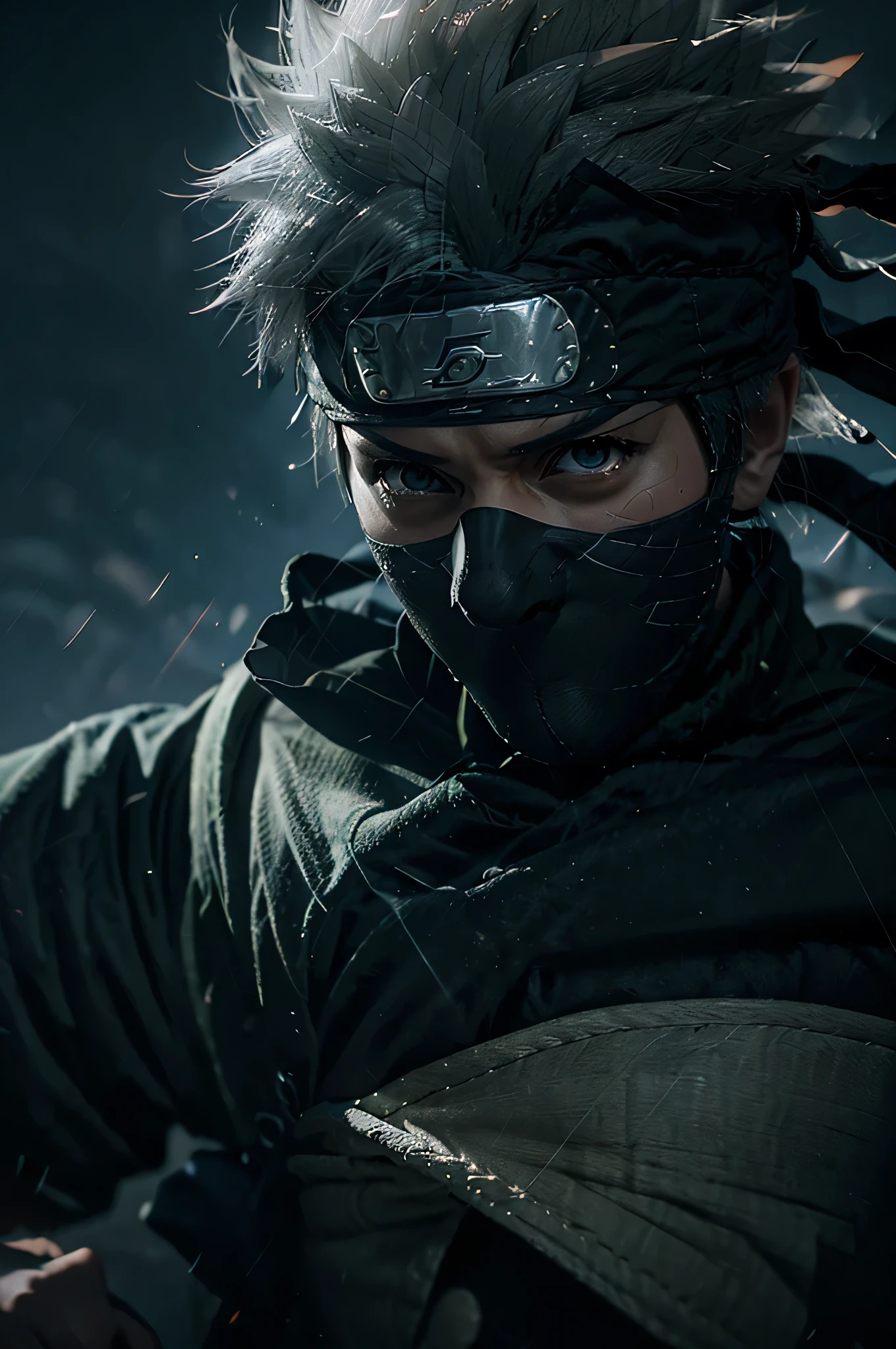 Kakashi from naruto with sharinggan eyes realistic image of konoha headband on a beautiful hill, 8k
