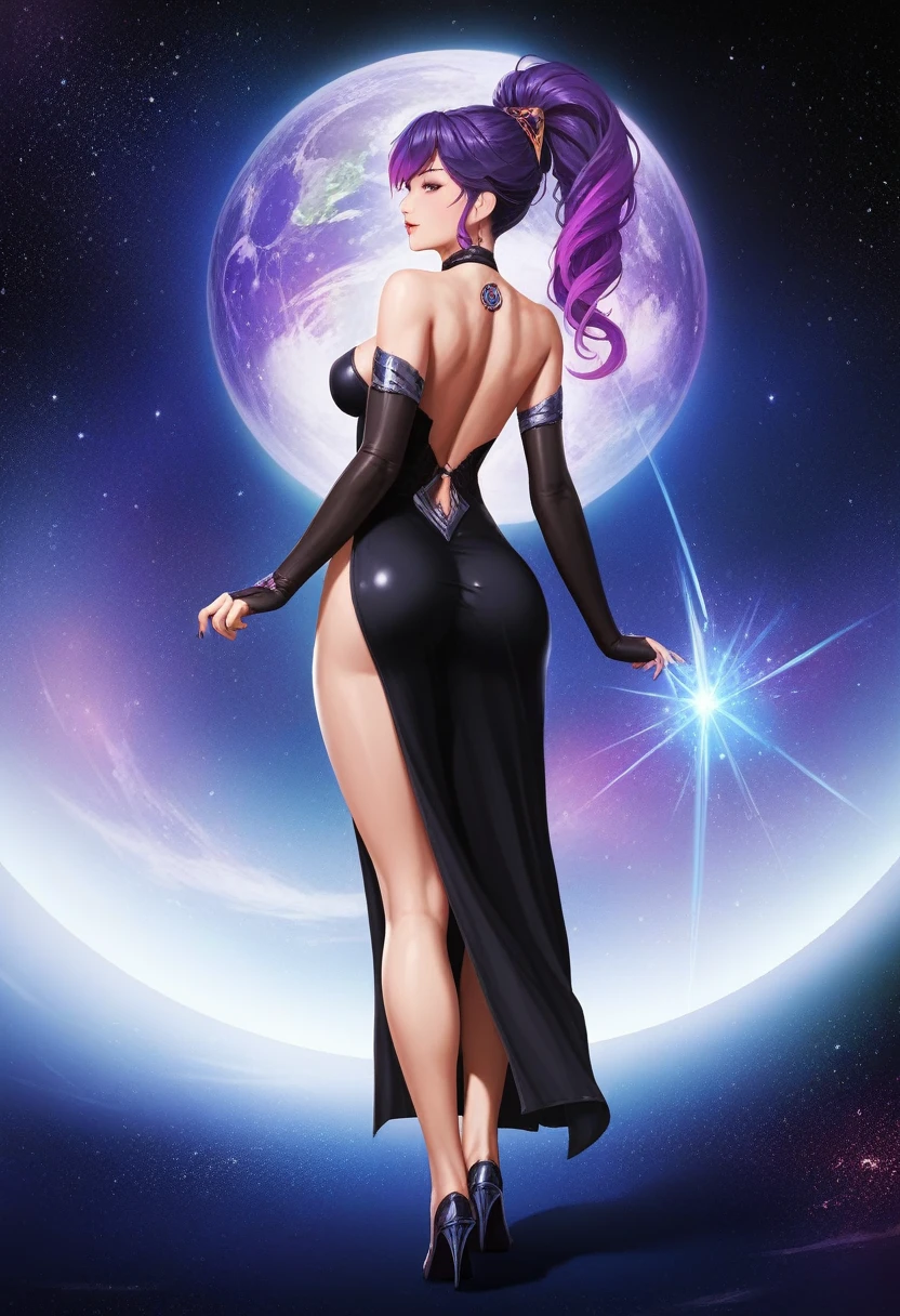 ((Full body detailed concept art of a female character, em um estilo de desenho animado. The image shows a woman with purple hair and a black dress, represented as the Queen of the Galaxy and cyborg goddess in the cosmos. She is an intergalactic and alien princess, with an imposing presence as a goddess of space and time, in a galactic size. The design highlights the character as a cosmic goddess, an alien girl with a futuristic and majestic aesthetic. Art includes a full character design, with visions of the forehead, side and rear, highlighting the costume and cosmic details. The black dress is elegant and adorned with bright patterns that evoke stars and nebulas. The spatial background amplifies the grandeur of the scene, showing planets and stars around. Anime cel shaded style provides vibrant, detailed representation, as long as the image is safe for work (SFW), focusing on the dignity and splendor of the character. The art is a detailed fanart, high resolution (4K), capturing the beauty and immensity of the cosmos with meticulous attention to detail in character design.))