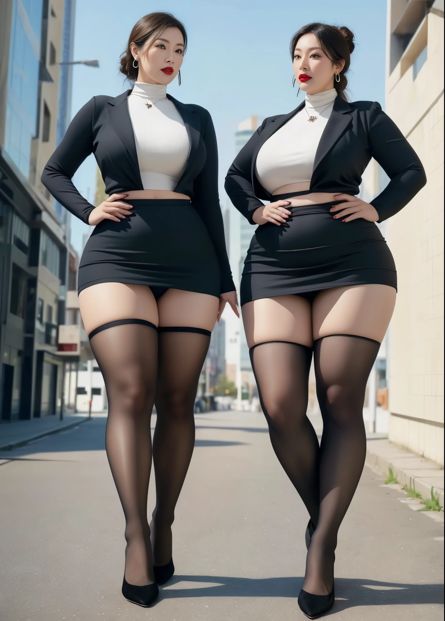outdoor，Gray clothes, (No cleavage),thigh, cosmetic, (lipstick: 1.1), (Eyeliner: 1.2), mascara, Eyeshadow,Outdoor sports, earrings, necklace, Black tights, Wrinkles at the corners of the eyes, Oral wrinkles,High Neck Knit Bodycon Skirt，full-body shot，An Asian Japanese woman，65 years old，big eyes，elegant temperament elegant temperament，(masterpiece:1.2, best quality), actual, (The real situation,45 years old， Intricate details, Depth of Field，High neck clothes), careful, The content is very detailed, This is a perfect face, Perfect body, Large Model, Mature woman, High, Leg length,Black silk garter belt，8K,best quality, masterpiece, Ultra-high resolution,(lifelike:1.4), original photo, Stay focused, detailed, Dramatic, Exquisite beautiful woman, (tall and straight:1.1),(Fat goddess desetallic high leg high collar dress mini skirt:1.0),(High collar fitted skirt),half butterfly earrings, double ring necklace, (:1.05), (65 years old, : 1.4), cosmetic, (lipstick: 1.1), (Eyeliner: 1.2), mascara, Eyeshadow, Long curly hair, Dynamic Angle, (red lips)Beautiful graphics, thigh long，Random Color Greasy Reflective Tights, Scenes，Fishnet stockings，Red high heels
