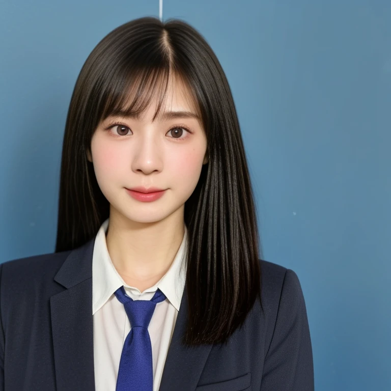 (kawaii 24 year-old Japanese girl, Nogizaka idol, Korean idol), (glossy black hair, short bob, hair length must be even and symmetric:1.3), (rounded face, single eyelid, no makeup, serious expression:1.2), (wearing suit jacket, collared shirt, necktie:1.3), (extra small breasts:0.9), (looking at viewer:1.2), BREAK, (simple blue background, yearbook background:1.3), (portrait, id photo, bust shot, view from vertically straight forward:1.3), (keep a margin on the top), BREAK, (masterpiece, best quality, photo realistic, official art:1.4), (UHD, 8K quality wallpaper, high resolution, raw photo, golden ratio:1.3), (shiny skin), professional lighting, physically based rendering, award winning, (highly detailed skin, extremely detailed face and eyes), Carl Zeiss 85 mm F/1.4, depth of field, 1girl, solo,