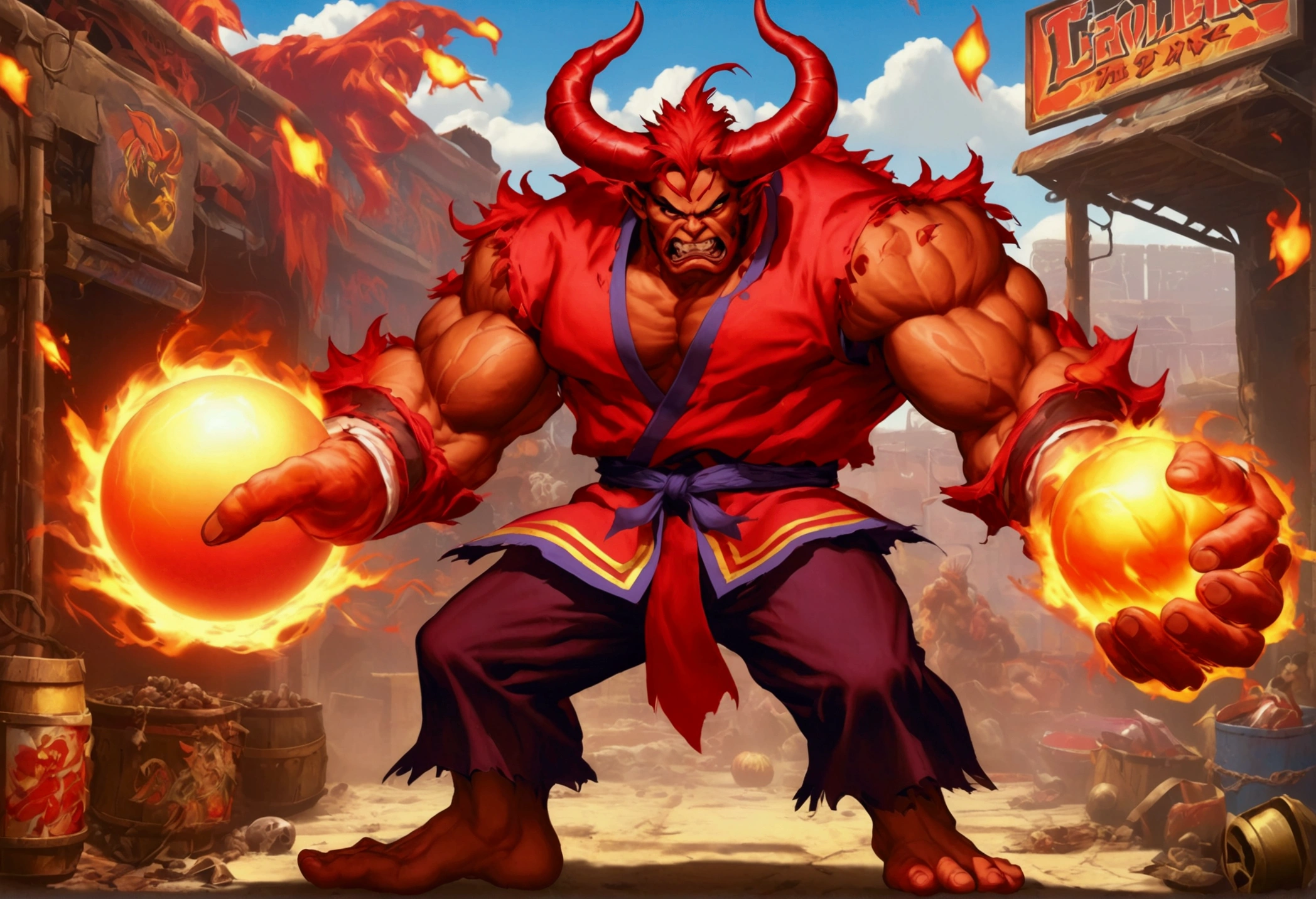 (Street Fighter 2 style arcade game) Devil lawyer (red horns and tail, lawyer suit, lean build) holding a ball of fire in hand battling a zombie lightning mage, set in a junk yard, health bars and titles
