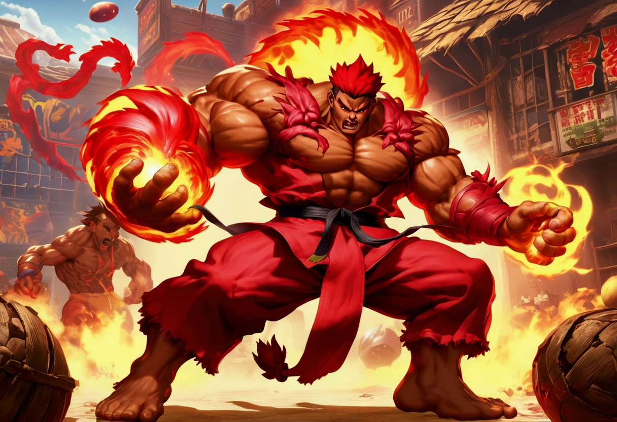 (Street Fighter 2 style arcade game) Devil lawyer (red horns and tail, lawyer suit, lean build) holding a ball of fire in hand battling a zombie lightning mage, set in a junk yard, health bars and titles